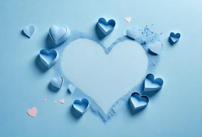 The primary subject of the image is a heart-shaped design made of blue hearts. The hearts are scattered across a white surface, creating a visually appealing and playful pattern. The setting appears to be a white wall, and the visual style is a combination of digital art and illustration. The dominant colors in the image are blue and white, giving the scene a calm and serene atmosphere.