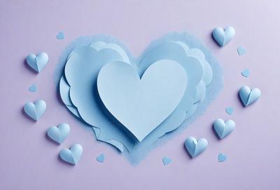 The primary subject of the image is a heart-shaped paper cutout. The heart is blue and is placed on a purple background. The visual style of the image is a combination of digital art and illustration, as the heart is made of paper cutouts. The colors and mood of the image are predominantly purple and blue, creating a calm and serene atmosphere.