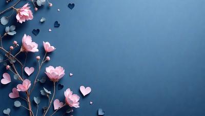 The primary subject of the image is a blue wall with a pattern of pink flowers and hearts. The setting is a room with a blue background, and the visual style is a digital art or illustration. The dominant colors are blue and pink, creating a calm and serene atmosphere.