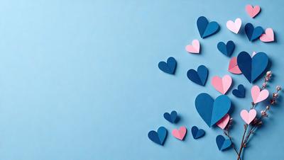 The primary subject of the image is a collection of blue hearts, which are floating in the air. The setting is a blue background, and the visual style appears to be a digital art or illustration. The hearts are the dominant colors, and the overall atmosphere is one of love and affection.