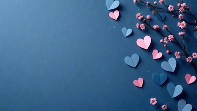 The primary subject of the image is a collection of hearts, which are arranged in various shapes and sizes. The hearts are placed on a blue background, creating a visually appealing and colorful display. The hearts are made of paper, giving the scene a handmade and artistic appearance. The overall atmosphere of the image is cheerful and playful, with the hearts serving as a symbol of love and affection.