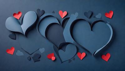 The primary subject of the image is a collection of heart-shaped cutouts, which are arranged in various positions and orientations. The hearts are made of paper and are placed on a blue background, creating a visually appealing and artistic display. The visual style of the image is a combination of digital art and illustration, as the hearts are carefully crafted and positioned to create a cohesive and eye-catching design. The colors and mood of the image are predominantly blue, which adds a sense of