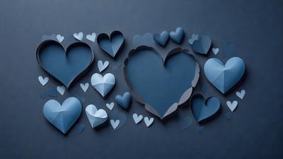 The primary subject of the image is a collection of blue hearts, which are arranged in various shapes and sizes. The hearts are placed on a blue background, creating a visually appealing and cohesive design. The visual style of the image is a combination of digital art and illustration, as the hearts are carefully crafted and positioned to create a harmonious composition. The dominant colors in the image are blue and white, giving the scene a calm and serene atmosphere.