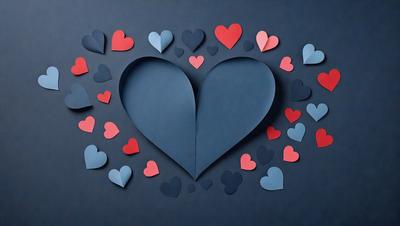 The primary subject of the image is a heart-shaped cutout made from blue paper. The heart is surrounded by numerous red hearts, creating a visually appealing and heartwarming scene. The setting is a dark background, which contrasts with the bright red hearts and blue paper, adding depth and emphasizing the heart-shaped cutout. The visual style of the image is a combination of digital art and illustration, as the heart-shaped cutout is skillfully crafted and the red hearts are arranged in a