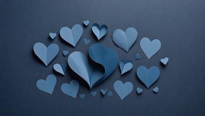 The primary subject of the image is a collection of blue hearts, which are arranged in various shapes and sizes. The hearts are placed on a dark blue background, creating a visually striking contrast. The visual style of the image is a combination of digital art and illustration, as the hearts are carefully crafted and positioned to create a cohesive and appealing design. The overall atmosphere of the image is one of love, warmth, and creativity, as the blue hearts evoke feelings of affection and connection.