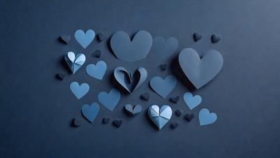 The primary subject of the image is a collection of blue hearts. These hearts are arranged in various shapes and sizes, creating a visually appealing pattern. The setting is a blue background, which complements the blue hearts and adds to the overall mood of the image. The visual style is a combination of digital art and illustration, as the hearts are carefully crafted and placed on the blue surface. The dominant colors are blue, which is the color of the hearts and the background, and the overall atmosphere is one of love, warmth