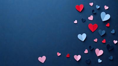 The primary subject of the image is a collection of hearts, which are scattered across a blue background. The hearts come in various sizes and are arranged in a visually appealing manner. The setting is a dark blue wall, which provides a contrasting backdrop for the hearts. The visual style of the image is a combination of digital art and illustration, creating a unique and eye-catching display. The dominant colors in the image are blue and red, which evoke a sense of warmth and love.