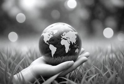 The primary subject of the image is a person holding a globe in their hands. The globe is a representation of the Earth, and it is placed in the person's hands, emphasizing its size and importance. The setting is an outdoor environment, with the person standing on a grassy field. The visual style of the image is a combination of photo and digital art, creating a unique and engaging composition. The colors and mood of the image are predominantly green, reflecting the natural environment and the Earth's