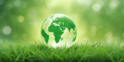 The primary subject of the image is a green globe, which is the main object, scene, or focus of the image. The setting/background consists of a lush green field, and the visual style is a photo. The colors and mood of the image are predominantly green, creating a serene and natural atmosphere.