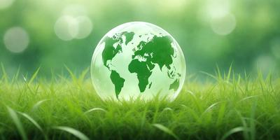 The primary subject of the image is a large, green, globe-shaped object, which is the main focus of the scene. The setting is a grassy field, with the globe placed on the grass. The visual style of the image is a photo, capturing the globe in its natural environment. The colors and mood of the image are predominantly green, giving it a serene and peaceful atmosphere.