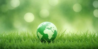The primary subject of the image is a green globe, which is the main object in the scene. The setting is a lush green field, providing a natural and serene backdrop. The visual style of the image is a photo, capturing the details of the globe and its surroundings. The colors in the image are predominantly green, creating a calm and peaceful atmosphere.