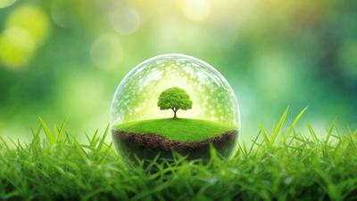 The primary subject of the image is a small, green tree, which is depicted in a glass ball. The setting is a lush green field, and the visual style is a combination of photo and digital art. The colors are predominantly green, and the overall atmosphere is serene and peaceful.
