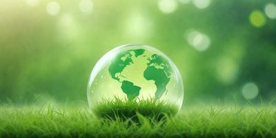 The primary subject of the image is a large, green, globe-shaped object, which is placed on a lush green field. The setting is a natural environment, with the globe sitting on top of the grass. The visual style of the image is a photo, capturing the details of the globe and the surrounding grass. The colors and mood of the image are predominantly green, creating a serene and peaceful atmosphere.