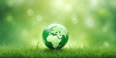 The primary subject of the image is a green globe, which is the main object, scene, or focus of the image. The setting/background consists of a lush green field, and the visual style is a photo. The colors and mood of the image are predominantly green, creating a serene and natural atmosphere.