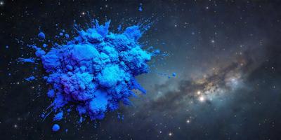The primary subject of the image is a blue, swirling, and splashing blob of paint, which appears to be a digital art or illustration. The setting is a dark, starry background, creating a contrasting and dramatic atmosphere. The visual style is artistic and creative, with the blue blob being the main focus of the image. The colors and mood convey a sense of movement, energy, and freedom, as the blue blob seems to be flying through the night sky.