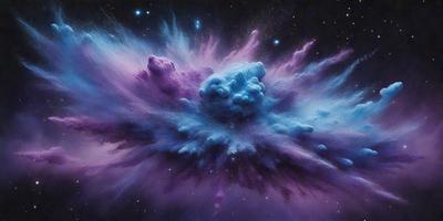 The primary subject of the image is a purple and blue explosion, which appears to be a digital art or illustration. The setting is a night sky, with stars visible in the background. The visual style gives the impression of a painting or a digital artwork, creating a vibrant and colorful atmosphere. The dominant colors are purple and blue, which contribute to the overall mood of the image.