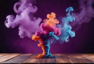 The primary subject of the image is a purple and blue smoke cloud, which is the main object, scene, or focus of the image. The setting is a purple wall, and the visual style is a photo. The dominant colors are purple and blue, creating a mood of creativity and artistic expression.