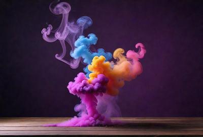 The primary subject of the image is a purple and yellow smoke, which is rising from a table. The setting is a dark room, and the visual style appears to be a digital art or illustration. The dominant colors in the image are purple and yellow, creating a vibrant and lively atmosphere.