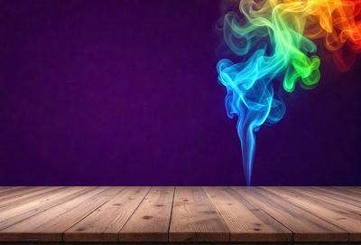 The primary subject of the image is a purple wall with a smoke-like effect, possibly a digital art or illustration. The setting is a wooden table, and the visual style appears to be a combination of photo and digital art. The colors and mood of the image are predominantly purple, creating a unique and artistic atmosphere.