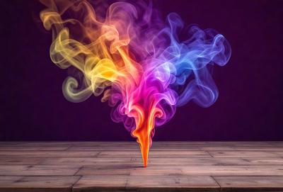 The primary subject of the image is a colorful, swirling smoke or steam, which appears to be a painting or a digital artwork. The setting is a purple background, which adds to the overall atmosphere of the image. The visual style is a combination of photo and digital art, creating a unique and captivating scene. The colors and mood of the image are vibrant and lively, with the purple background complementing the vivid colors of the smoke or steam.