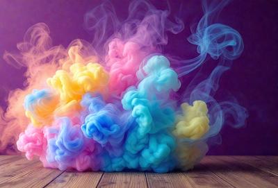 The primary subject of the image is a large, colorful cloud made of smoke. The cloud is floating in the air and appears to be a mix of pink, blue, yellow, and purple colors. The setting is a wooden table, and the visual style is a combination of a photo and digital art. The overall atmosphere of the image is vibrant and lively, with the smoke cloud creating a sense of movement and energy.