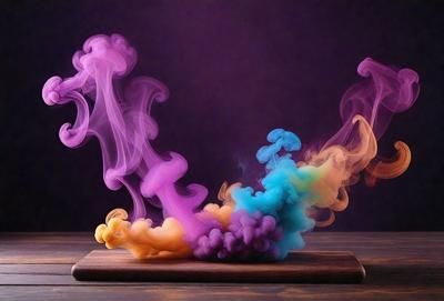 The primary subject of the image is a wooden tray with a purple, blue, and yellow smoke effect. The smoke appears to be rising from the tray, creating a visually striking scene. The setting is a dark room, which contrasts with the vibrant colors of the smoke effect. The visual style of the image is a combination of digital art and illustration, as the smoke effect is created through digital manipulation. The dominant colors in the image are purple, blue, and yellow, which evoke a sense of