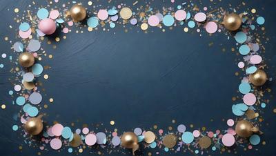 The primary subject of the image is a blue background with gold and pink confetti scattered across it. The setting appears to be a creative or artistic environment, possibly for a party or event. The visual style of the image is a combination of digital art and illustration, creating a unique and eye-catching design. The dominant colors in the image are blue, gold, and pink, giving it a warm and inviting atmosphere.