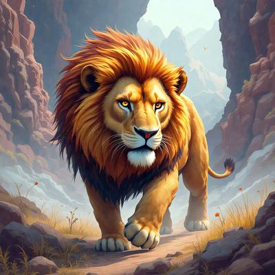 Primary subject: A lion walking on a path.

Setting/background: A rocky mountain range in the background.

Visual style: Digital art.

Colors and mood: The lion is orange and yellow, with a blue sky in the background. The overall atmosphere is majestic and powerful.