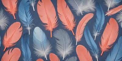 The primary subject of the image is a collection of feathers, which are displayed in various colors and patterns. The feathers are arranged in a visually appealing manner, creating a sense of harmony and beauty. The setting is a blue background, which provides a contrasting and complementary color to the feathers. The visual style of the image is a combination of photo and digital art, as it showcases the feathers in a detailed and artistic manner. The colors and mood of the image are predominantly warm and v