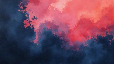 The primary subject of the image is a painting or drawing of a cloudy sky. The setting is a dark, cloudy background, which adds to the overall mood of the piece. The visual style appears to be a combination of digital art and illustration, as the cloudy sky is depicted in a somewhat abstract manner. The colors in the painting are predominantly red and pink, creating a warm and vibrant atmosphere.
