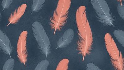 The primary subject of the image is a pattern of pink and orange feathers. The setting is a blue background, which creates a contrasting and visually appealing effect. The visual style is a combination of digital art and illustration, as the feathers are depicted in a detailed and artistic manner. The dominant colors in the image are pink and orange, which evoke a warm and vibrant atmosphere.