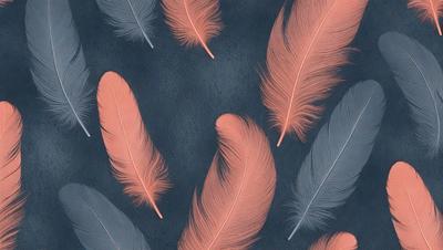 The primary subject of the image is a group of pink and orange feathers. The feathers are arranged in a pattern, creating a visually appealing scene. The setting is a dark blue background, which contrasts with the vibrant colors of the feathers. The visual style of the image is a combination of photo and digital art, as it captures the natural beauty of the feathers while also showcasing the artistic arrangement. The dominant colors in the image are pink and orange, creating a warm and inviting