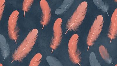 The primary subject of the image is a pattern of pink and orange feathers. The setting is a blue background, which creates a striking contrast with the vibrant colors of the feathers. The visual style is a combination of digital art and illustration, as the feathers are depicted in a detailed and realistic manner. The dominant colors in the image are pink and orange, creating a warm and lively atmosphere.