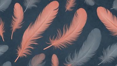 The primary subject of the image is a collection of pink and orange feathers. The feathers are arranged in various positions, creating a visually appealing pattern. The setting is a dark blue background, which contrasts with the vibrant colors of the feathers. The visual style of the image is a combination of photo and digital art, as it captures the natural beauty of the feathers while also showcasing the artist's creativity in arranging them. The dominant colors of the image are pink and orange,