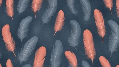 The primary subject of the image is a pattern of pink and orange feathers. The setting is a blue background, which creates a striking contrast with the vibrant colors of the feathers. The visual style is a combination of digital art and illustration, as the feathers are depicted in a detailed and realistic manner. The dominant colors in the image are pink and orange, giving it a warm and lively atmosphere.
