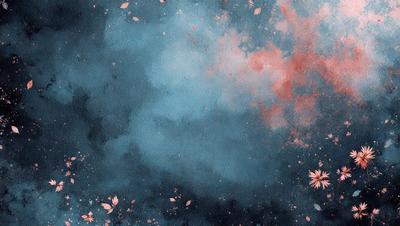 The primary subject of the image is a blue and pink background with a few white flowers. The setting is a space-like environment, possibly a galaxy or a celestial background. The visual style is a combination of digital art and illustration, creating a unique and artistic representation of the scene. The colors and mood of the image are predominantly blue and pink, with a touch of white from the flowers, giving it a serene and calming atmosphere.