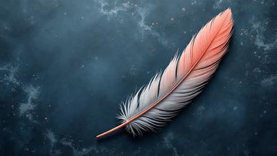 The primary subject of the image is a pink feather, which is the main object in the scene. The setting is a dark blue background, creating a contrasting and dramatic effect. The visual style is a digital art or illustration, as the feather is depicted in a detailed and realistic manner. The colors and mood of the image are predominantly dark and moody, with the pink feather standing out against the blue background.