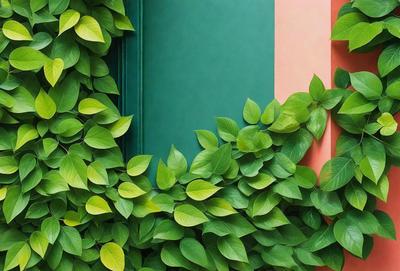The primary subject of the image is a green plant with large leaves, which is growing on a green wall. The setting is a room with a green wall, and the visual style appears to be a photo. The dominant colors in the image are green and yellow, creating a lively and natural atmosphere.