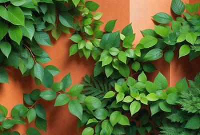The primary subject of the image is a large green plant with many leaves, which is growing on a wall. The plant is surrounded by a variety of green leaves, creating a lush and vibrant scene. The setting is an orange wall, which provides a contrasting background to the green plant. The visual style of the image is a close-up of the plant, showcasing its details and texture. The colors and mood of the image are predominantly green, with a sense of freshness and vitality.