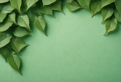 The primary subject of the image is a green leafy plant with a few leaves. The plant is growing on a green surface, which could be a wall or a background. The visual style of the image is a close-up of the plant, showcasing its details. The colors and mood of the image are predominantly green, giving it a natural and serene atmosphere.