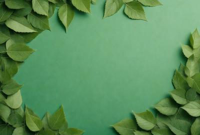 The primary subject of the image is a green background with a leafy plant or a green circle. The setting is a green surface, possibly a wall or a table. The visual style is a close-up of the green background with the leafy plant or green circle. The colors and mood are predominantly green, creating a calm and natural atmosphere.