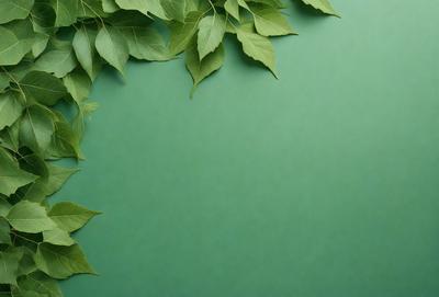 The primary subject of the image is a green background with a leafy plant growing on it. The plant has a few leaves, and it appears to be a close-up of the plant. The setting is a green background, which provides a natural and serene atmosphere. The visual style of the image is a close-up of the plant, showcasing its details and texture. The colors and mood of the image are predominantly green, which creates a sense of calmness and connection to nature.
