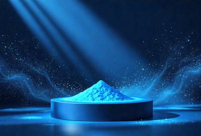 The primary subject of the image is a blue powder, which appears to be a powdered substance or a blue-colored material. The setting is a dark room with a blue background, which creates a contrasting and dramatic effect. The visual style of the image is a combination of a photo and digital art, as it features a close-up of the blue powder on a blue surface. The colors and mood of the image are predominantly blue, giving it a cool and calming atmosphere.