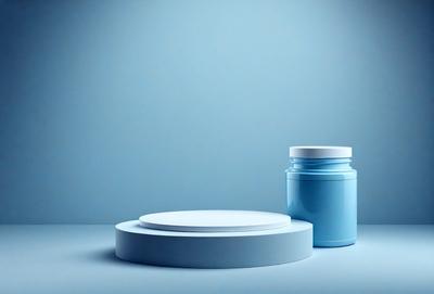 The primary subject of the image is a blue jar with a white lid, placed on a blue surface. The jar is positioned in the center of the image, and the white lid is located on the right side of the jar. The setting appears to be a simple, minimalistic environment, with the blue surface being the main background. The visual style of the image is a close-up of the jar and its lid, emphasizing the colors and details of the objects. The dominant colors in the image are blue and white, creating a calm