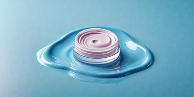 The primary subject of the image is a pink lip gloss, which is floating on a blue surface. The setting appears to be a bathroom, as the lip gloss is placed on a counter. The visual style of the image is a close-up of the lip gloss, showcasing its pink color and the blue surface it is resting on. The overall atmosphere of the image is calm and serene, with the focus on the lip gloss and its placement on the counter.