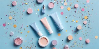 The primary subject of the image is a collection of cosmetics, including four tubes of lip gloss and two bottles of lotion. The setting is a blue table, and the visual style is a close-up of the cosmetics. The colors and mood of the image are predominantly pink, creating a warm and inviting atmosphere.