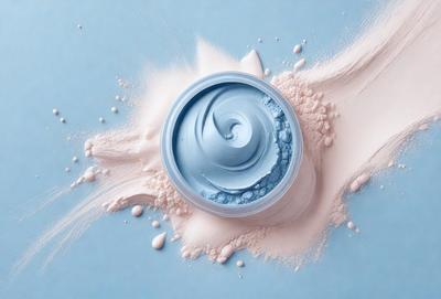 The primary subject of the image is a blue and white paint tube. The setting is a blue background, and the visual style appears to be a photo. The colors and mood of the image are predominantly blue and white, creating a calm and serene atmosphere.