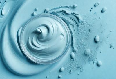 The primary subject of the image is a blue substance, possibly a cream or a sauce, that is being poured into a bowl. The setting is a table, and the visual style appears to be a photo. The dominant colors in the image are blue and white, creating a calm and soothing atmosphere.
