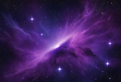 The primary subject of the image is a purple nebula, which is a large, swirling cloud of gas and dust in space. The setting is a dark, star-filled sky, with the purple nebula as the main focus. The visual style is a combination of a photo and digital art, creating a unique and captivating representation of the nebula. The colors and mood of the image are predominantly purple, giving it a serene and ethereal atmosphere.