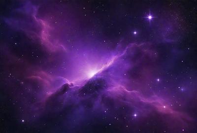 The primary subject of the image is a purple nebula, which is a cloud of gas and dust in space. The setting is a dark, starry sky, with the purple nebula as the main focus. The visual style is a combination of a photo and digital art, creating a unique and captivating representation of the nebula. The colors and mood of the image are predominantly purple, giving it a serene and celestial atmosphere.